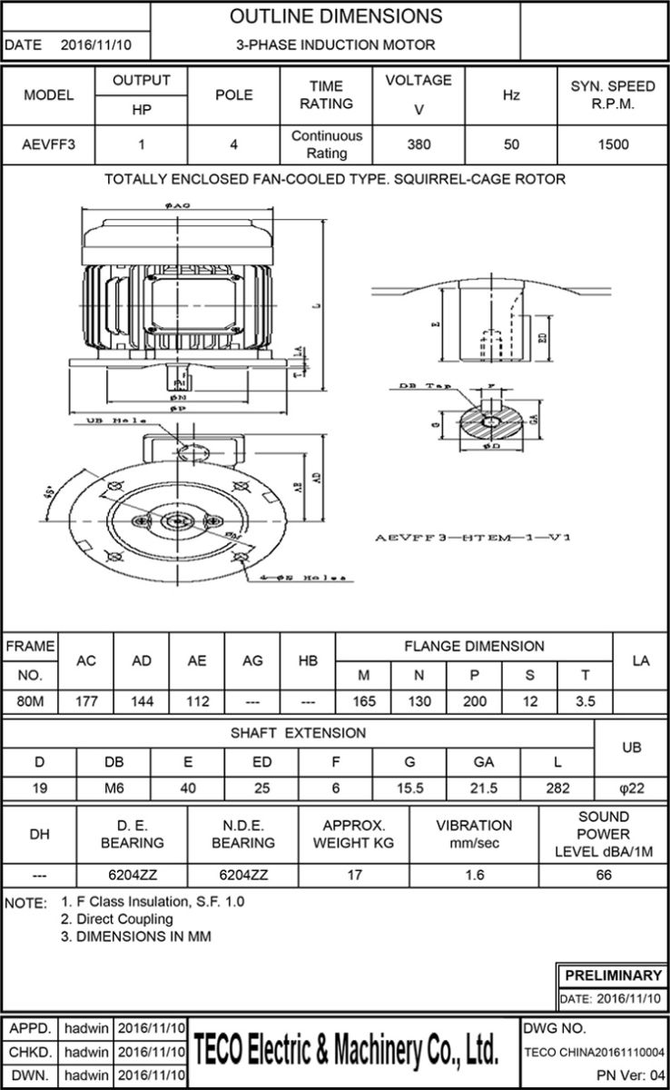 東元AEVF 1HP 4P電機(jī)尺寸圖