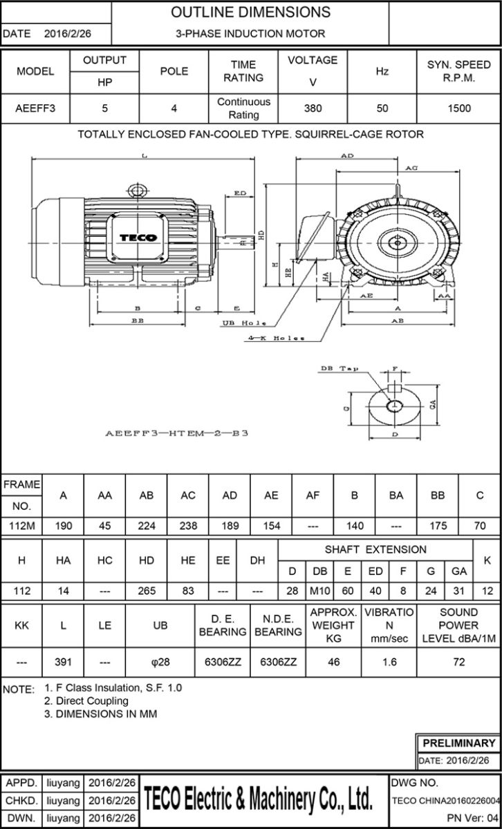 東元電機AEEF 5HP 4P尺寸圖