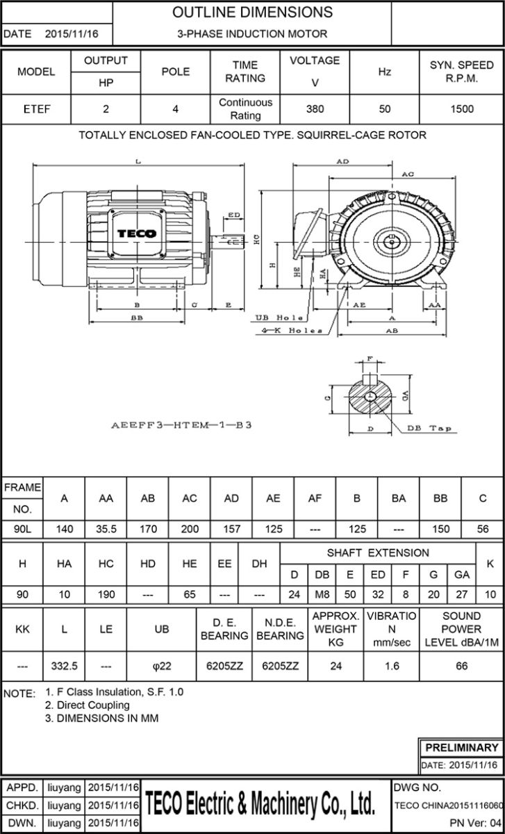 東元2HP 4P 臥式剎車電機(jī)尺寸圖